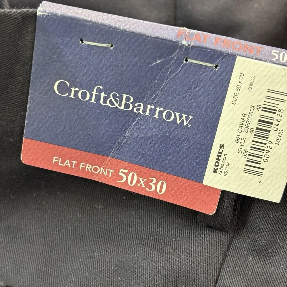 Croft & Barrow Men Dress Pants 50x30 Black(Caviar)Flat Front No Iron 100% Cotton
